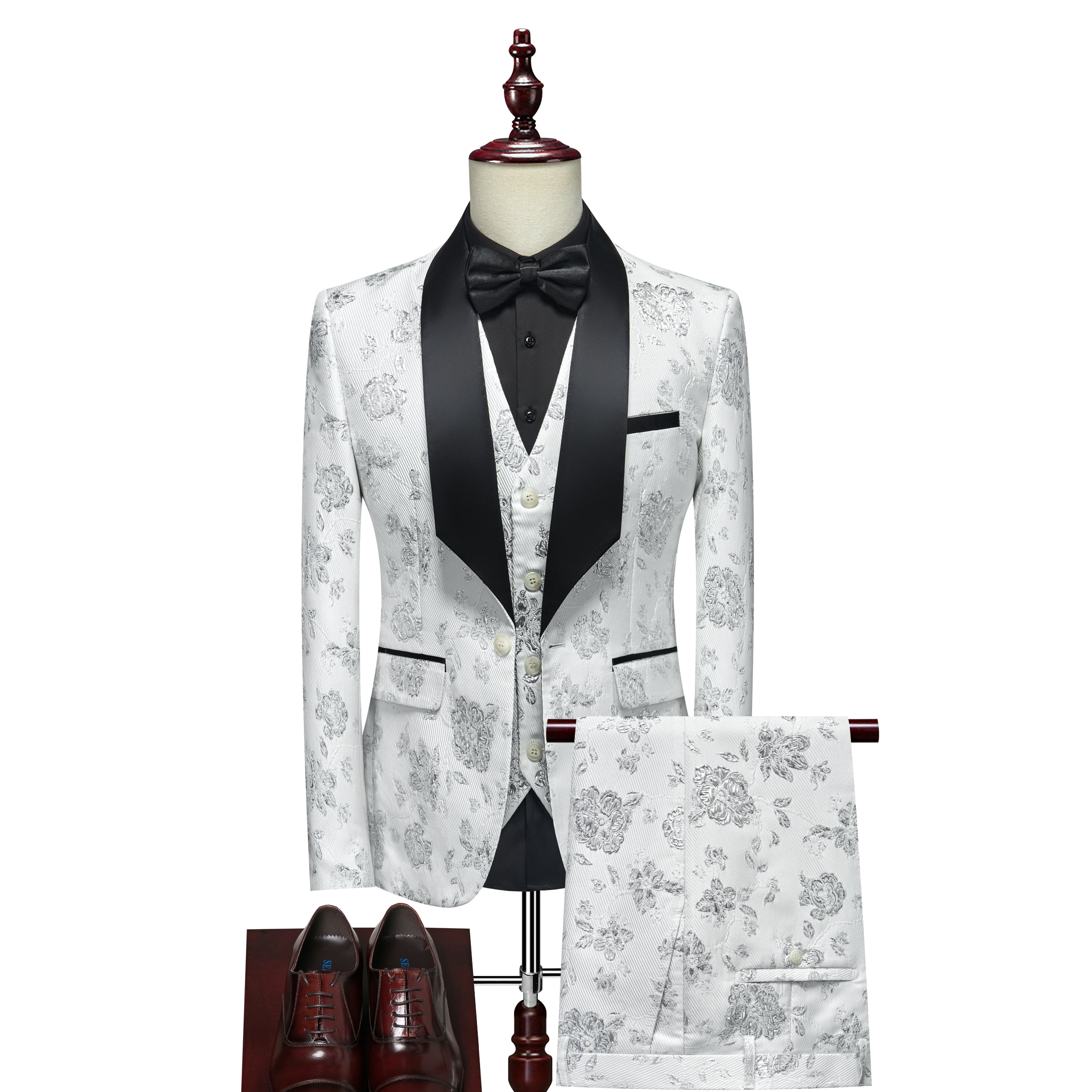 Men's 3 Pieces Suit Jacquard Tuxedo One Button