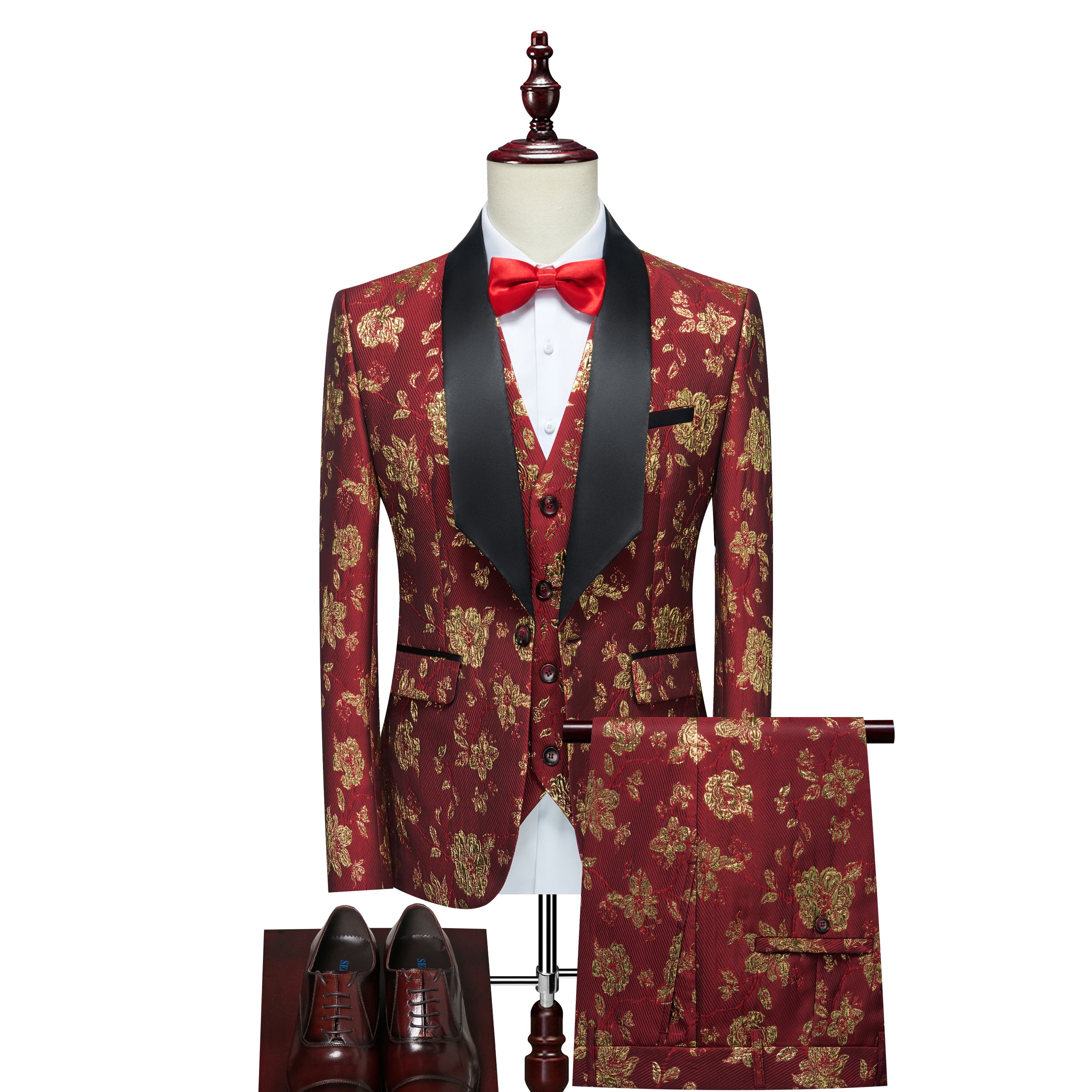 Men's 3 Pieces Suit Jacquard Tuxedo One Button