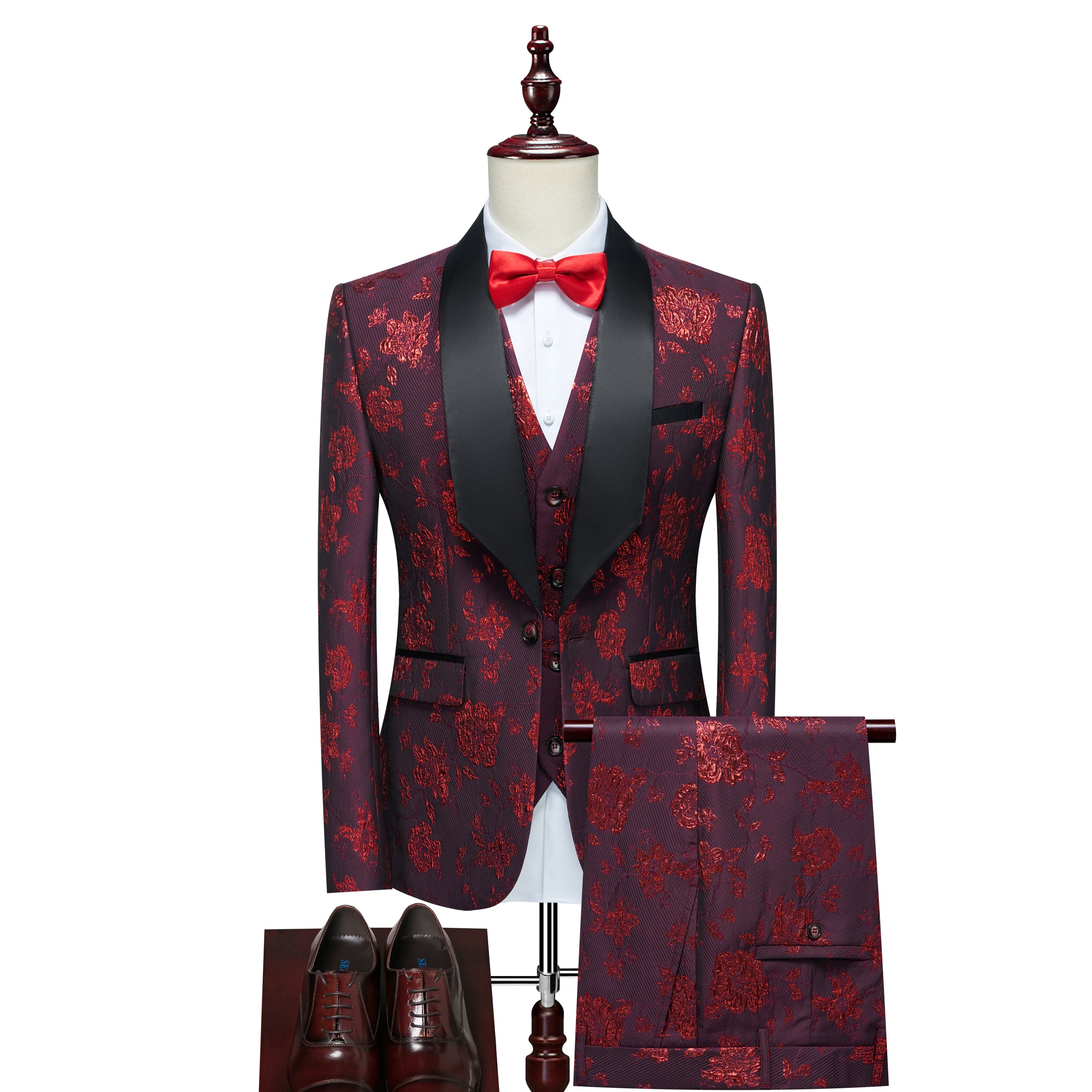Men's 3 Pieces Suit Jacquard Tuxedo One Button