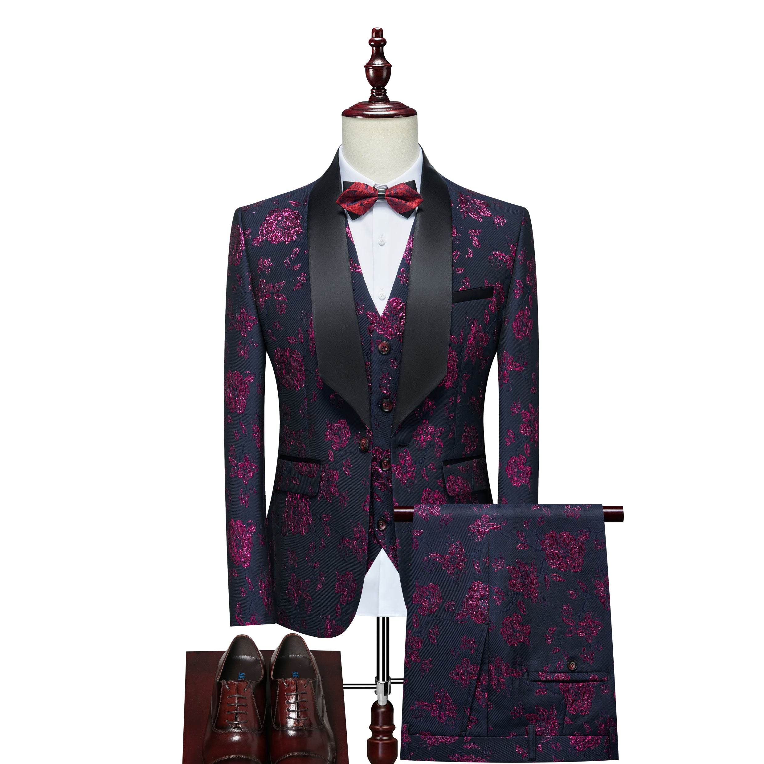Men's 3 Pieces Suit Jacquard Tuxedo One Button
