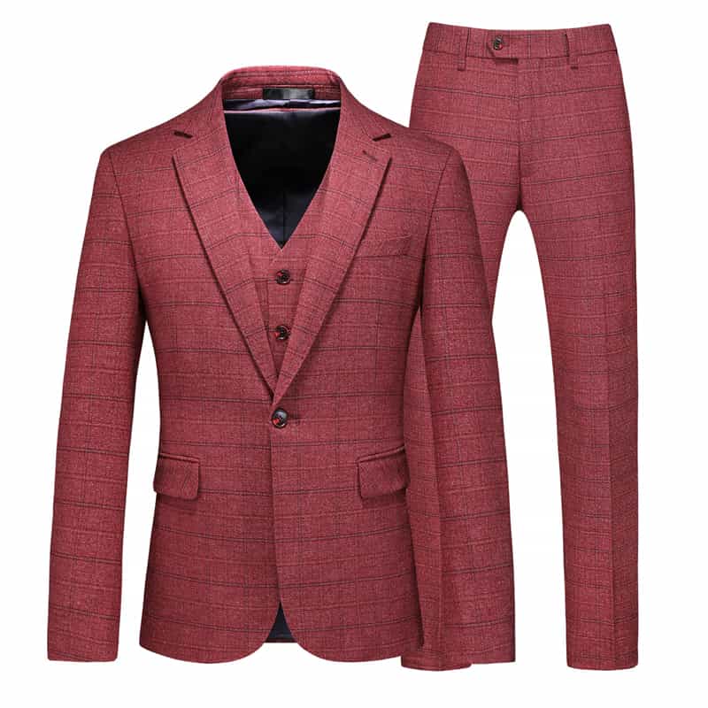 Mens 3 Piece Plaid Suit Red & Grey & light Blue & Dark Blue Windowpane Pattern