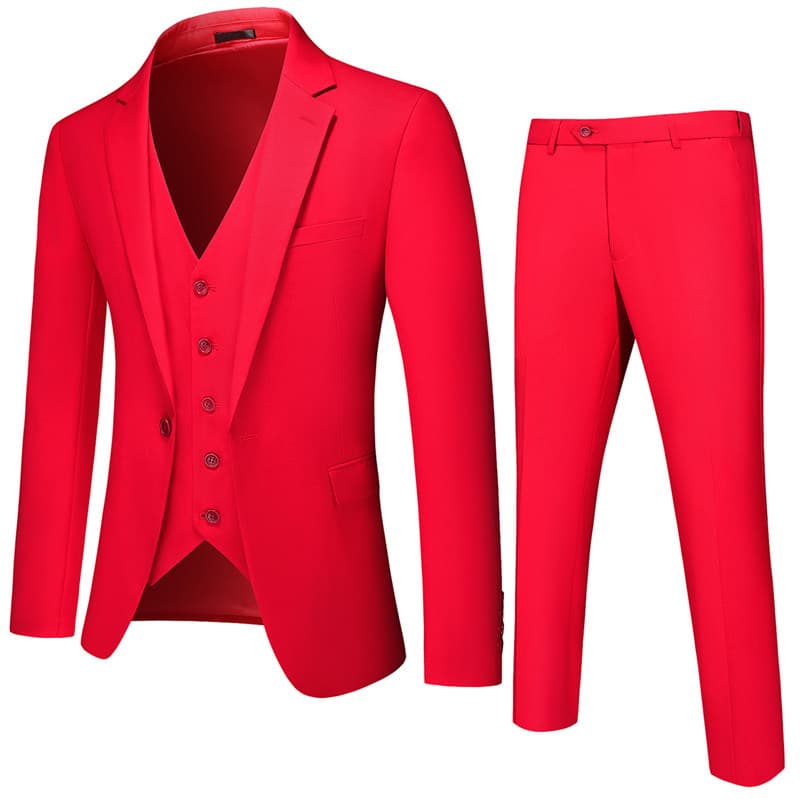 Men's 3 Piece One Button Suit in Red Khaki Light Grey Orange Yellow Solid Colors