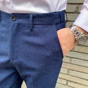 Mens Plaid Dress Pants Flat-Front Skinny  Windowpane Blue Prom Trousers