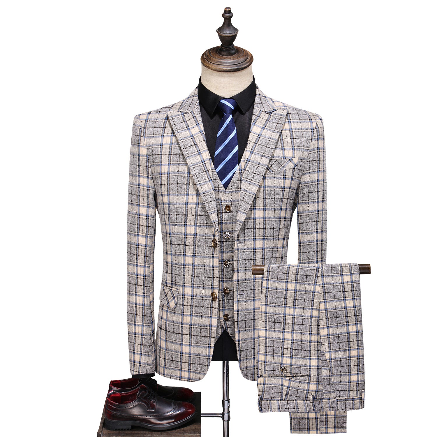 MOGU Men Plaid Suit 3 Piece Slim Fit Wedding Prom Tuxedos Casual Business Windowpane Pant Suits