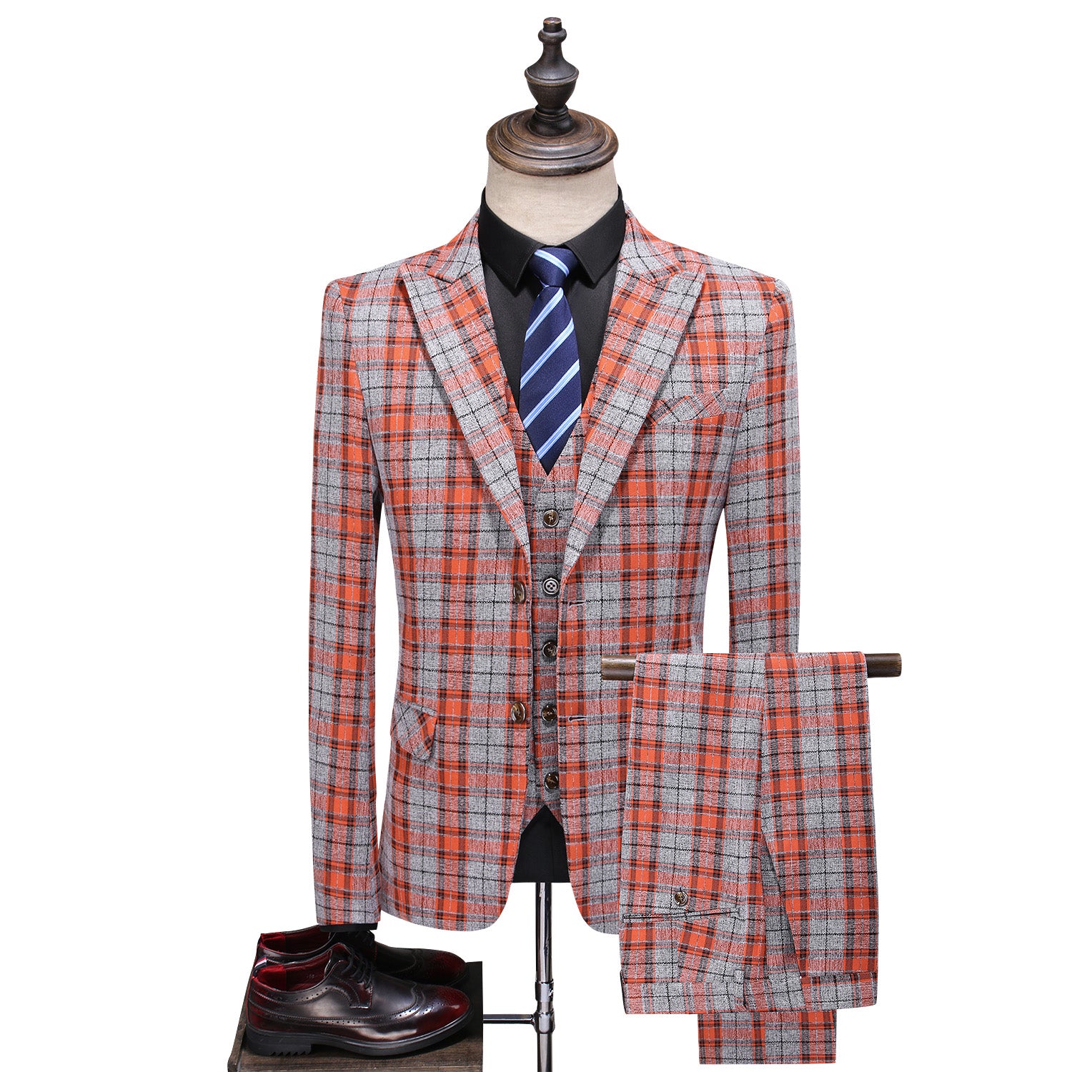 MOGU Men Plaid Suit 3 Piece Slim Fit Wedding Prom Tuxedos Casual Business Windowpane Pant Suits
