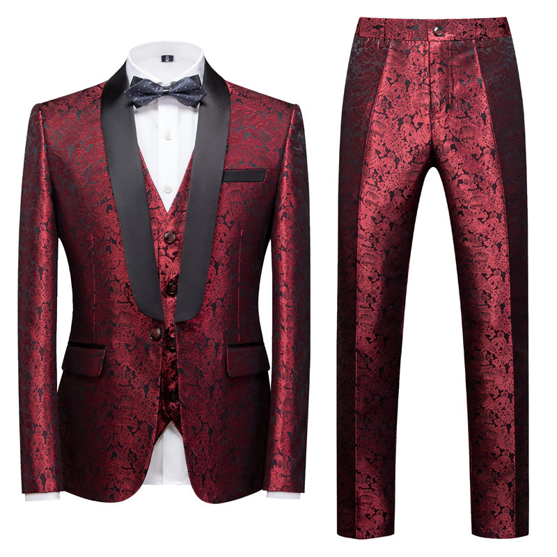 Men's 3 Piece Jacquard Tuxedo Wine Blue White Tux