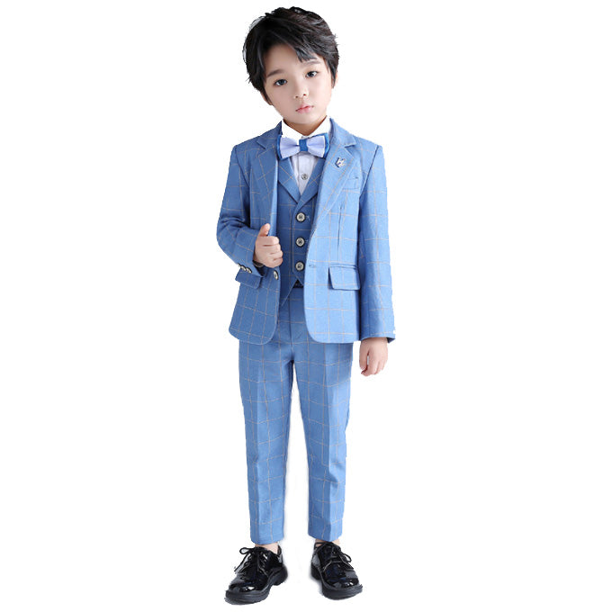 Boys 5 Piece Plaid Suit Light Blue Flower Boy Dress
