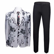 Mens 2 Piece Suit with Black Flower Embroidered