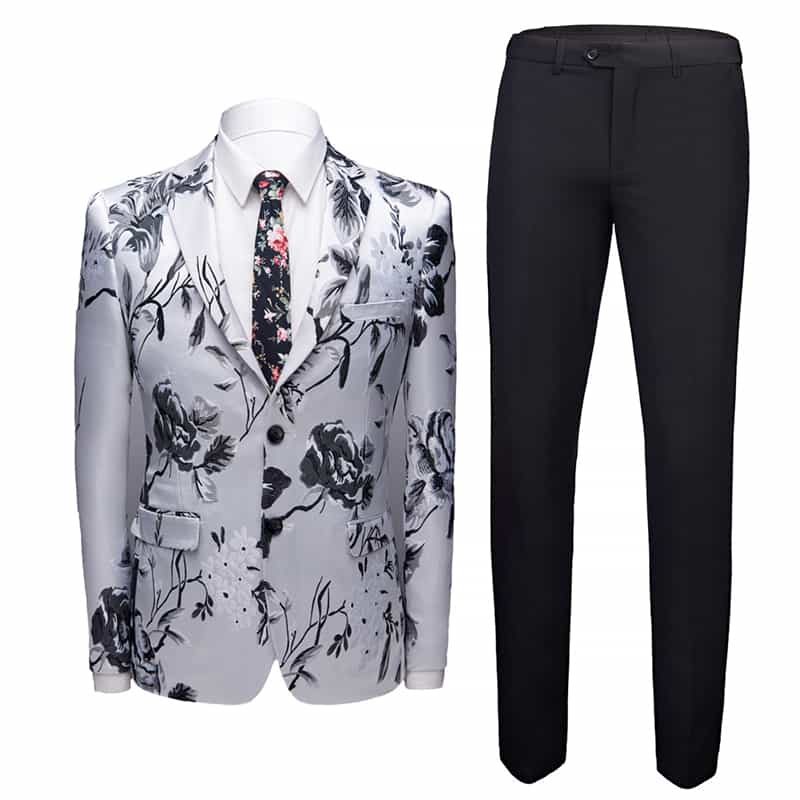 Mens 2 Piece Suit with Black Flower Embroidered