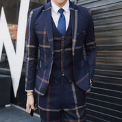 Men Blue & Grey Windowpane 3 Piece Suit