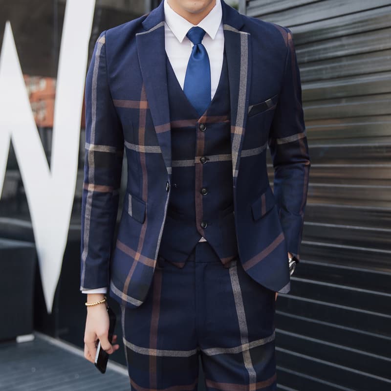 Men Blue & Grey Windowpane 3 Piece Suit
