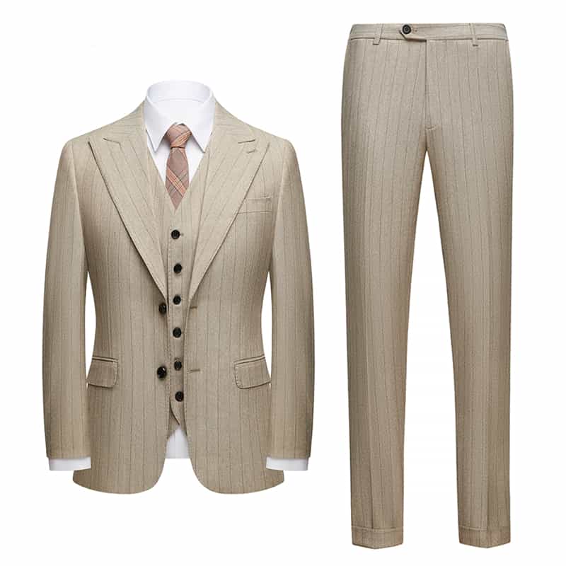 Mens 3 Piece Suit Slim Fit Pinstriped Tuxedos For Wedding Prom Groomsmen Party Grey Khaki