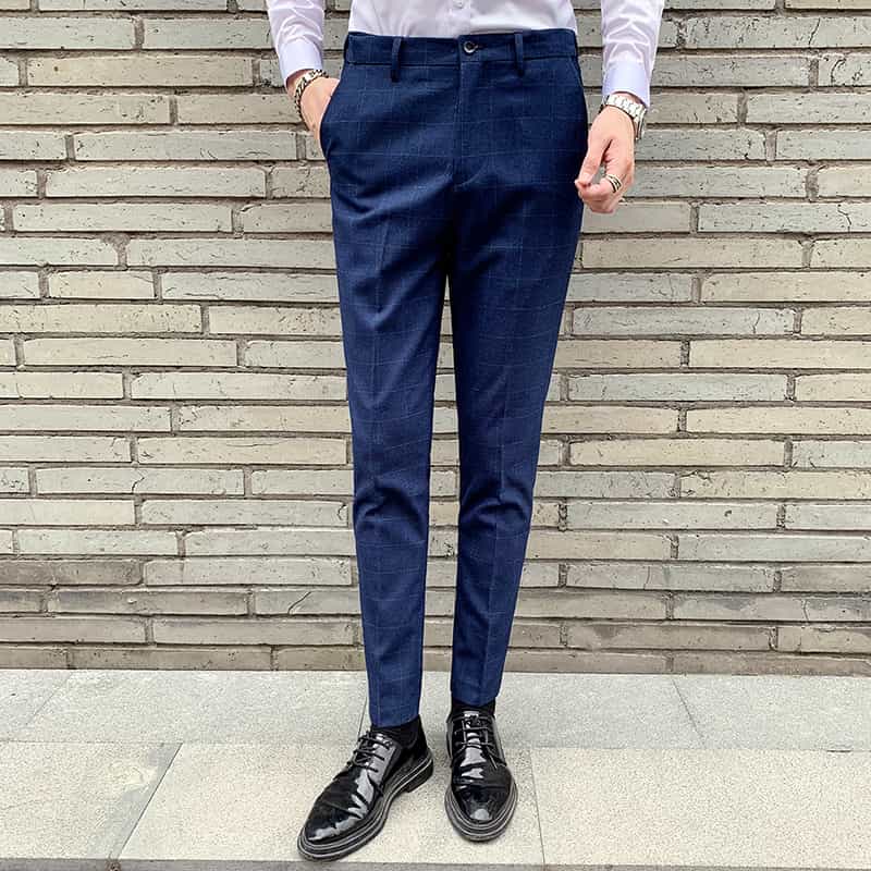 Mens Plaid Dress Pants Flat-Front Skinny  Windowpane Blue Prom Trousers
