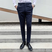 Mens Striped Dress Pants Flat-Front Skinny Pinstriped Blue Grey Prom Trousers