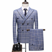 Men Double Breasted Suit 3 Piece Blue Plaid Slim Fit Tuxedo