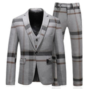 Men Blue & Grey Windowpane 3 Piece Suit