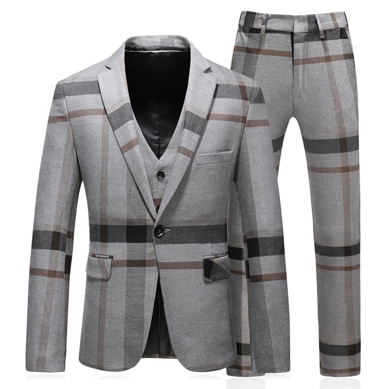Men Blue & Grey Windowpane 3 Piece Suit