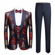 Mens 3 Piece Peak Lapel Tuxedo with Yellow & Red Print