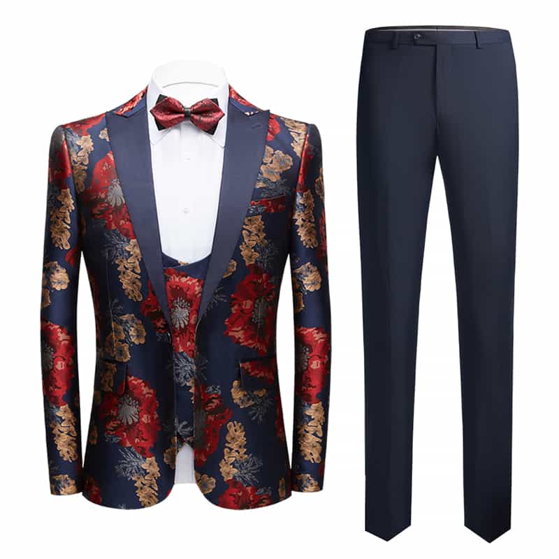 Mens 3 Piece Peak Lapel Tuxedo with Yellow & Red Print