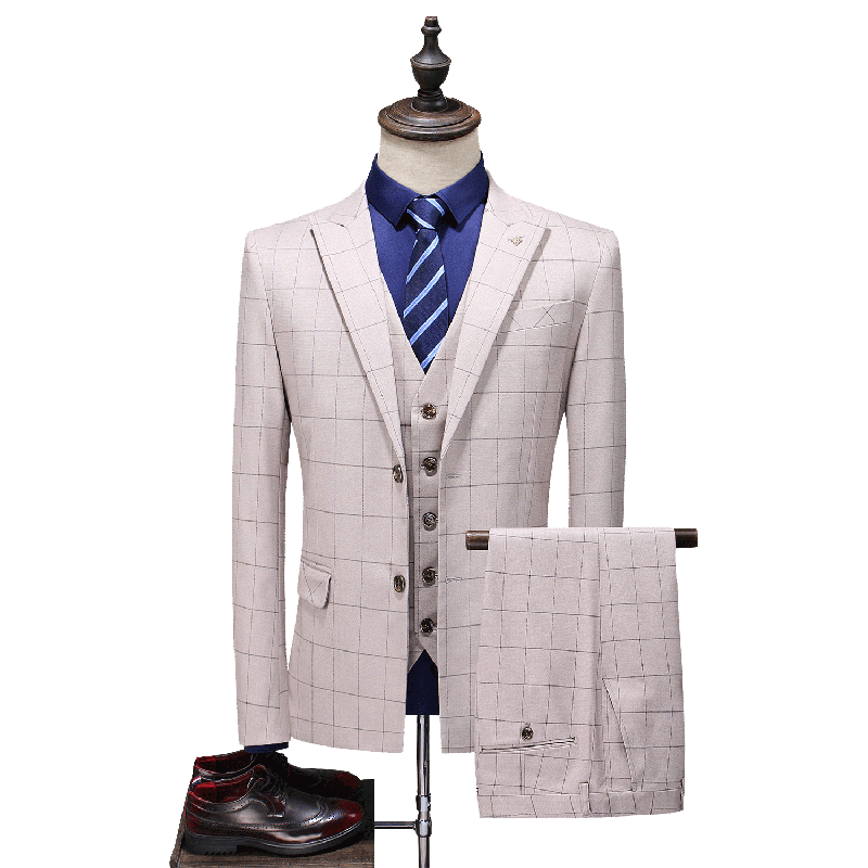 Men's  3 Piece Blue Plaid Suit Slim Fit Wedding Prom Tuxedos Casual Business Windowpane Pant Suit