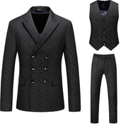 Men 3 Pieces Double Breasted Suit Printed Tuxedos Black