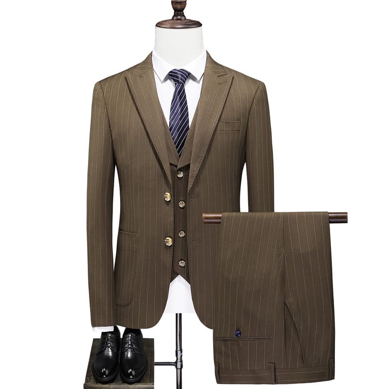Mens Pinstripe Suit Slim Fit Prom Wedding Tuxedos Formal Dress Pants Suits