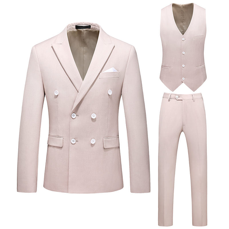 Men's 3 Piece Double Breasted Suit in Beige Blue Wine Solid Colors