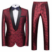 Men 2 Piece Printed Tuxedo in White Burgundy Blue