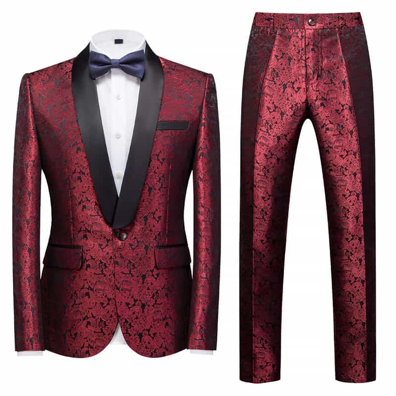 Men 2 Piece Printed Tuxedo in White Burgundy Blue
