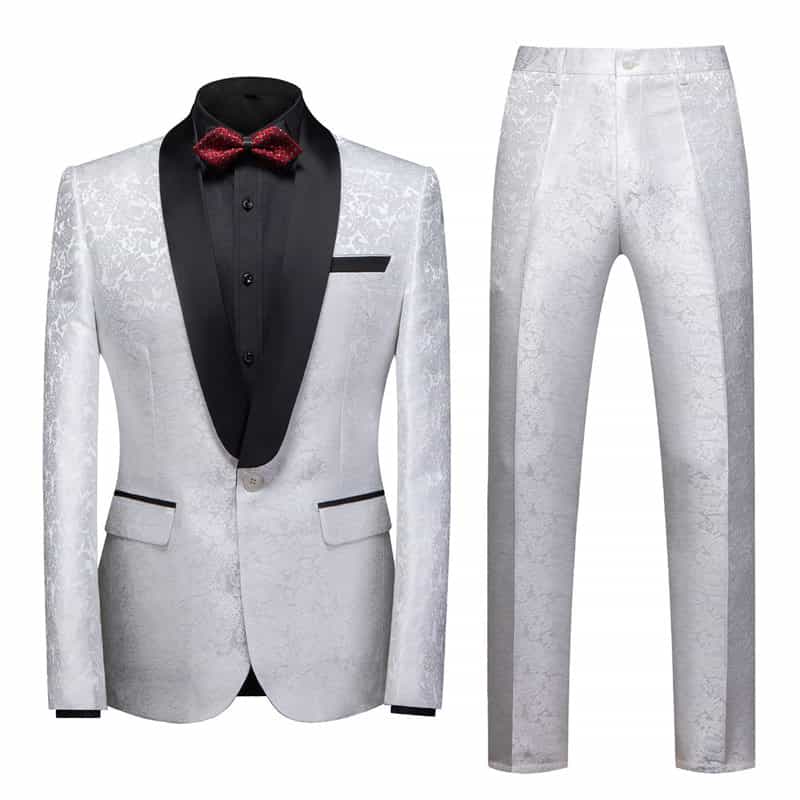 Men 2 Piece Printed Tuxedo in White Burgundy Blue