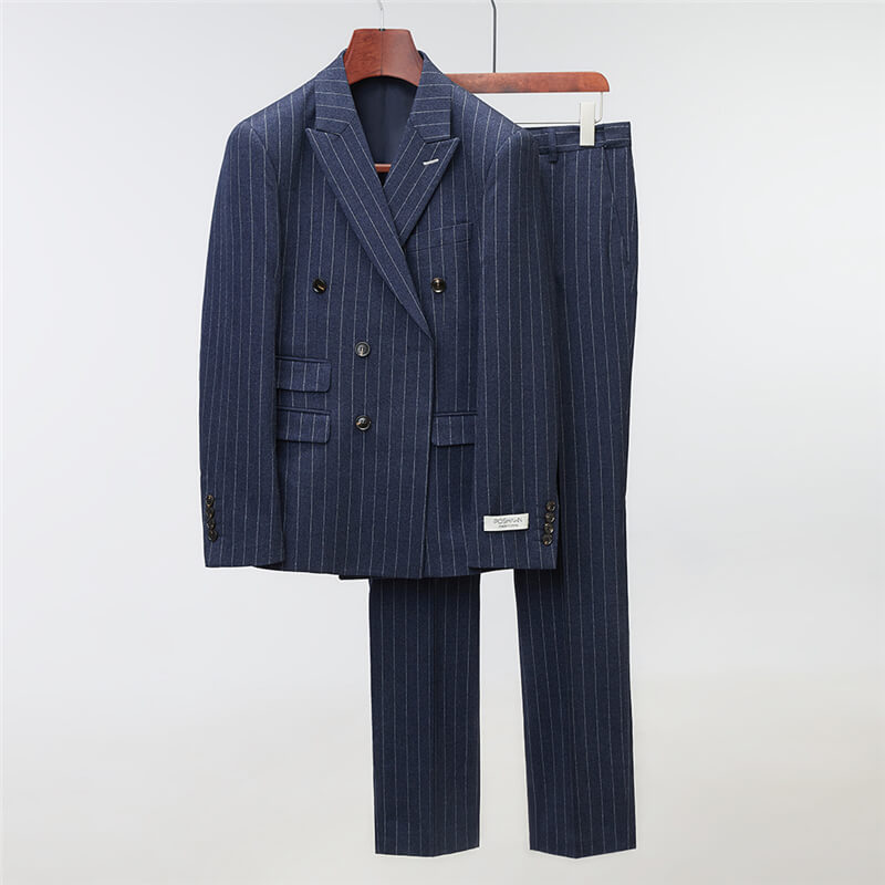 Mens 2 Piece Double Breasted Suit Slim Fit Pinstripe Tuxedos