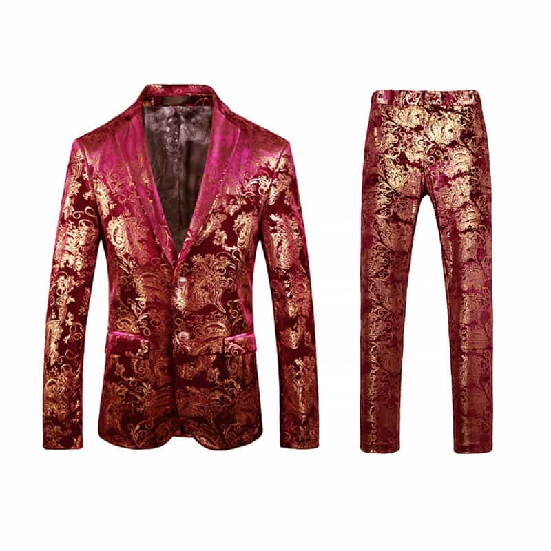 Men's 2 Pieces Luxury Gold Slim Fit Printed Suits Stylish Floral Tuxedos