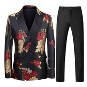 Men's 2 Piece Printed Suit with Red Gold Flower