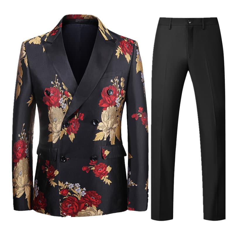 Men's 2 Piece Printed Suit with Red Gold Flower