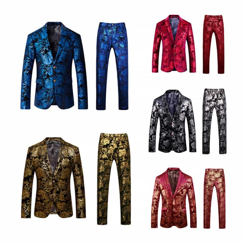 Men's 2 Pieces Luxury Gold Slim Fit Printed Suits Stylish Floral Tuxedos