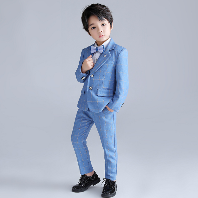Boys 5 Piece Plaid Suit Light Blue Flower Boy Dress