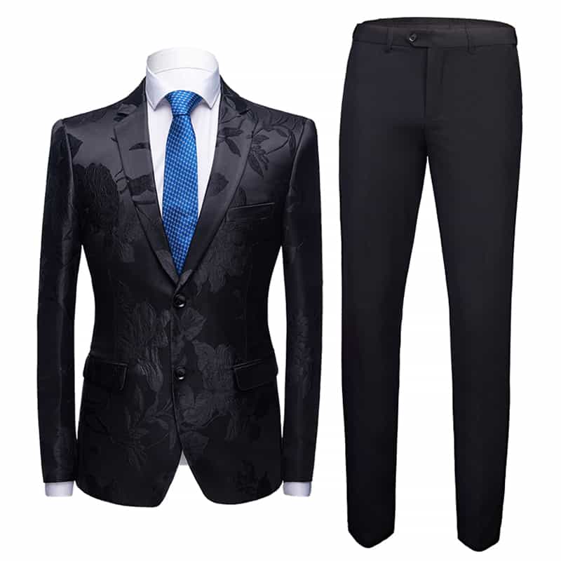Mens 2 Piece Suit with Black Flower Embroidered