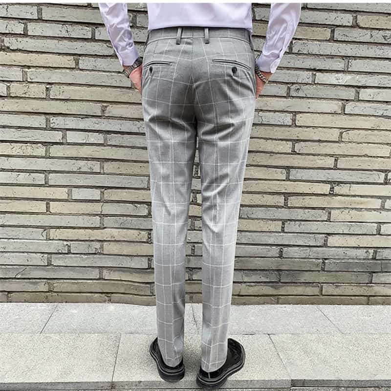 Mens Plaid Dress Pants Flat-Front Slim Fit  Windowpane Trousers For Business Wedding prom