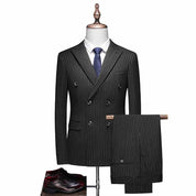 Mens 3 Piece Double Breasted Pinstripe Suit in Blue Grey Black
