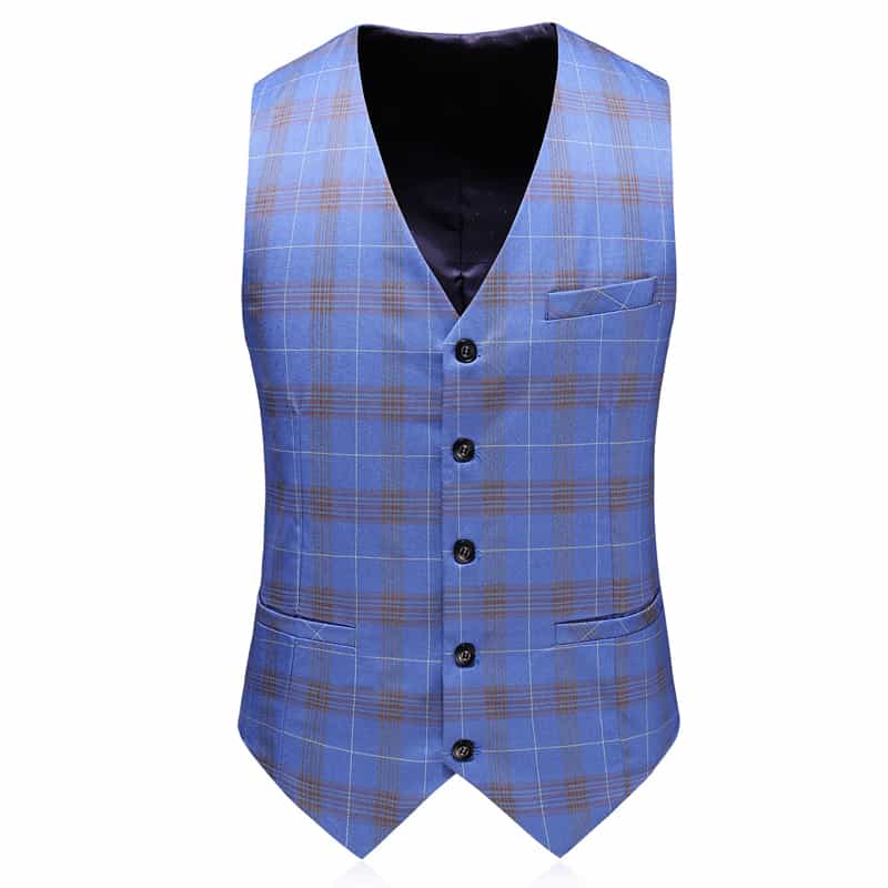 MOGU Men Double Breasted Suit Blue Plaid 3 Piece Slim Fit Tuxedo