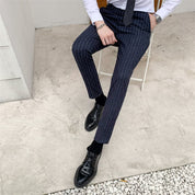 Mens Striped Dress Pants Flat-Front Skinny Pinstriped Blue Grey Prom Trousers