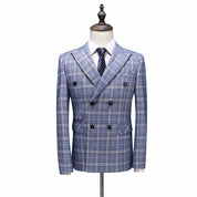 Men Double Breasted Suit 3 Piece Blue Plaid Slim Fit Tuxedo