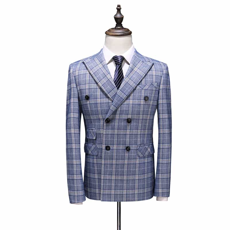 Men Double Breasted Suit 3 Piece Blue Plaid Slim Fit Tuxedo