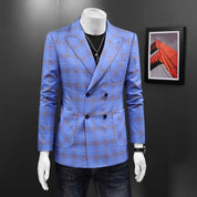 MOGU Men Double Breasted Suit Blue Plaid 3 Piece Slim Fit Tuxedo
