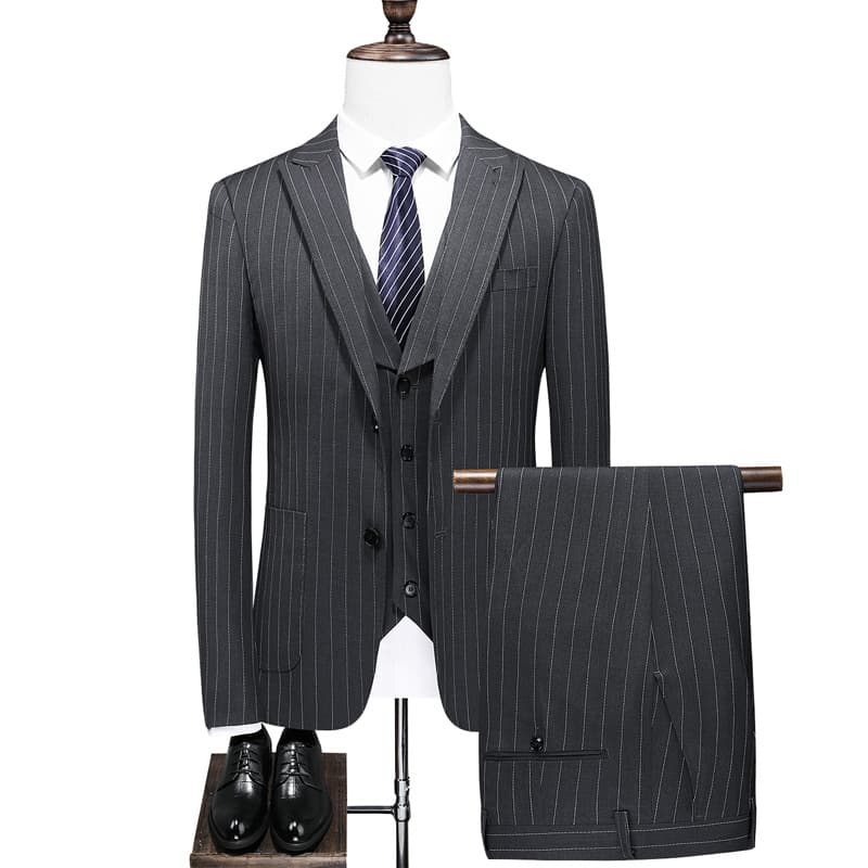 Mens Pinstripe Suit Slim Fit Prom Wedding Tuxedos Formal Dress Pants Suits