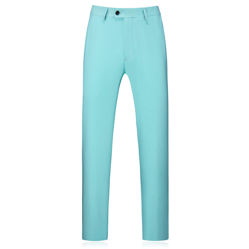 Men Slim Fit Flat Front Pants in Solid Light Blue