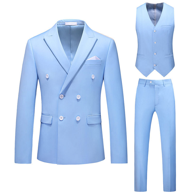 Men's 3 Piece Double Breasted Suit in Beige Blue Wine Solid Colors