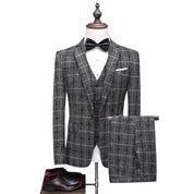 Men's 3 Piece Plaid Suit in Black & Khaki & Blue