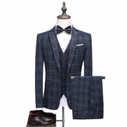 Men's 3 Piece Plaid Suit in Black & Khaki & Blue