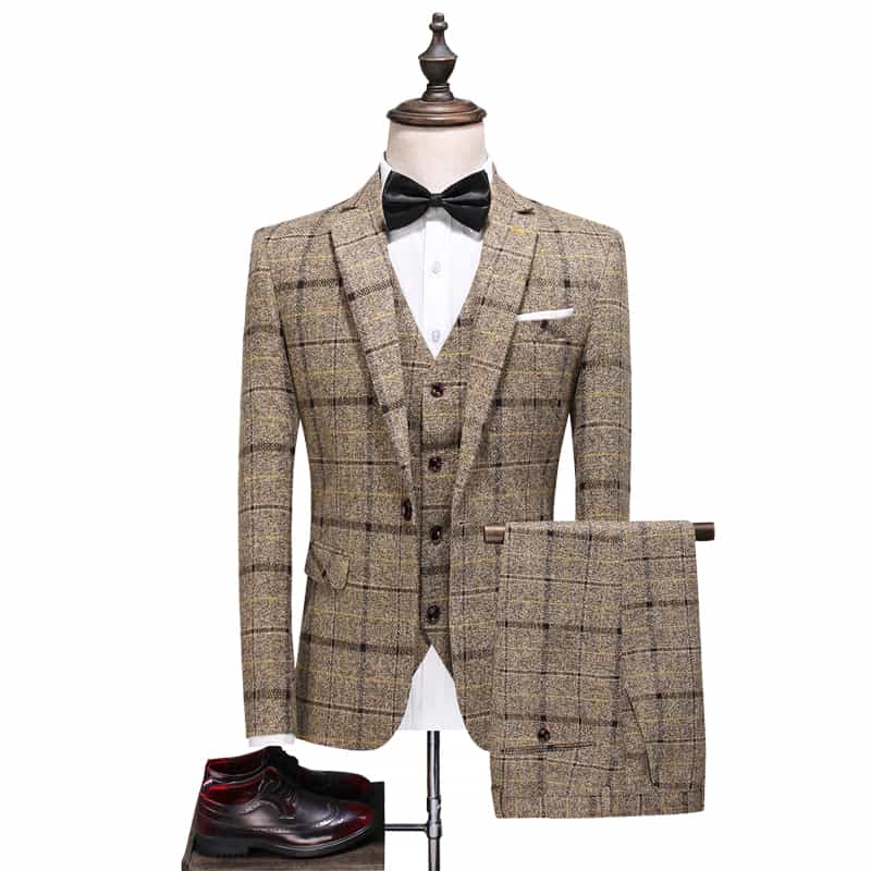 Men's 3 Piece Plaid Suit in Black & Khaki & Blue